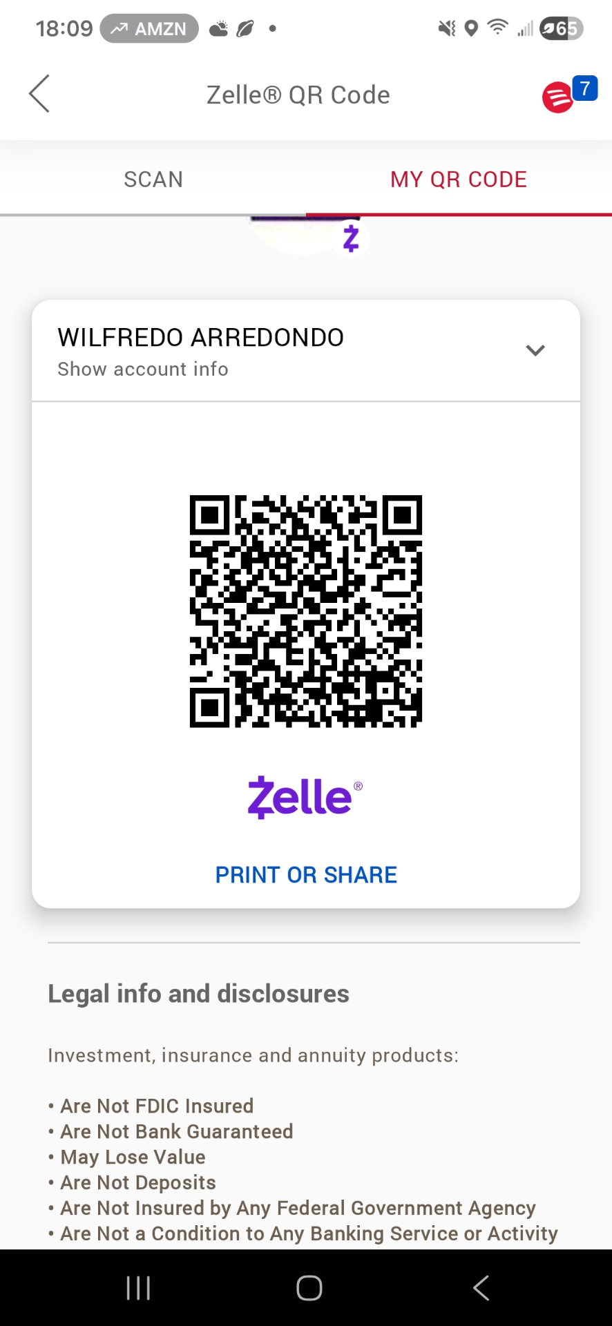Zelle QR code for Wilfredo Arredondo